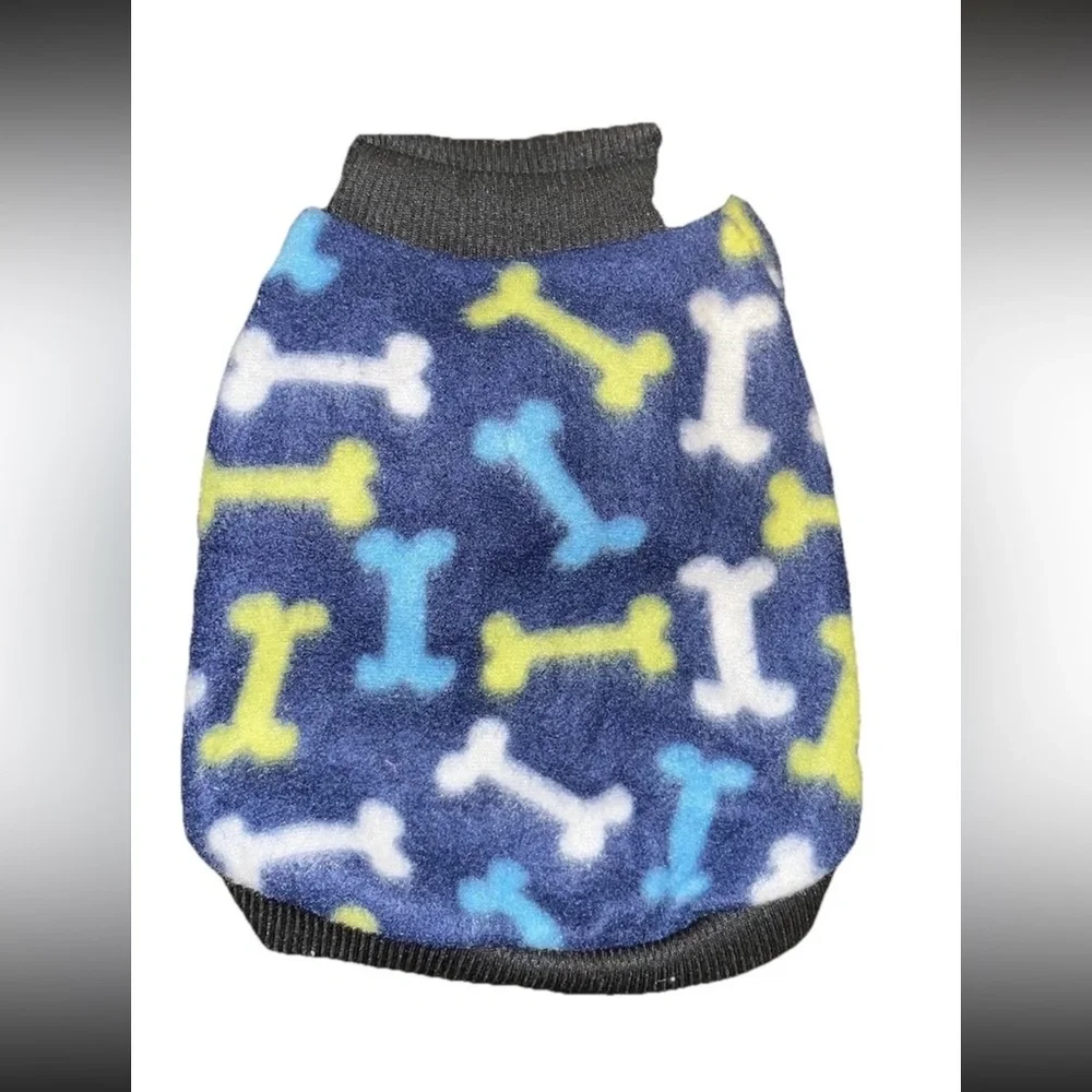 Puppy Fleece Sweater Blue, White & Yellow Bone Pattern XS